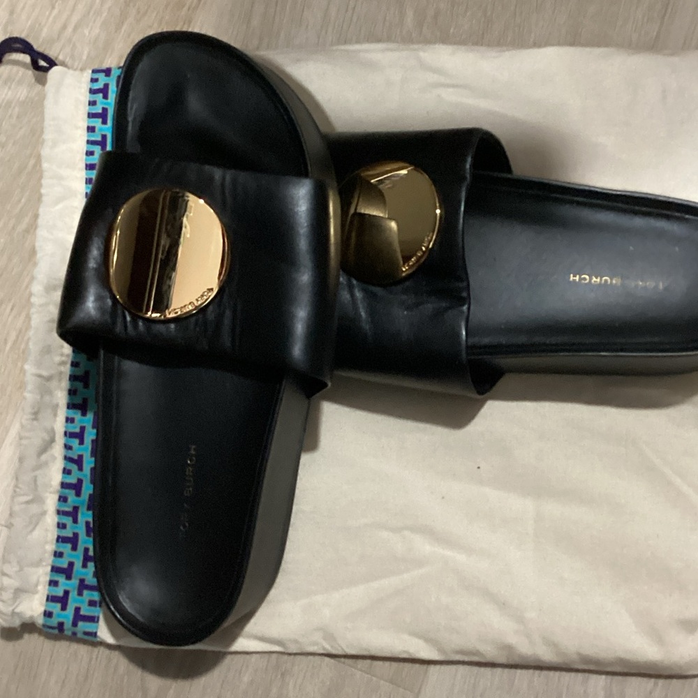 Tory Burch Black Sandals with Gold Accents